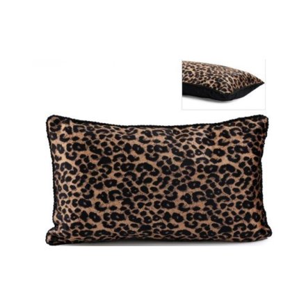 A chic leopard print cushion in a deep golden brown and black hue. 