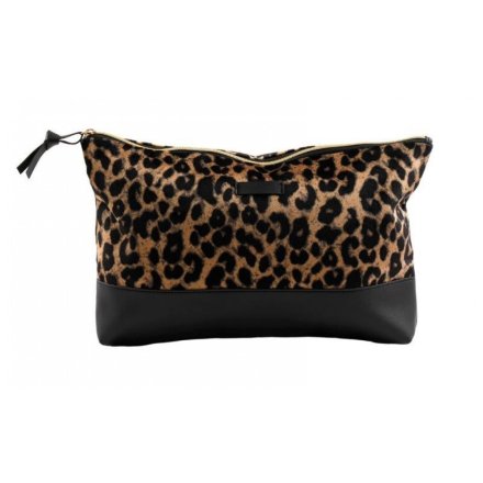A luxury style wash bag in a leopard print design. 