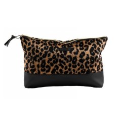 A luxury style wash bag in a leopard print design. 