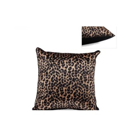 A leopard print cushion finished with a twisted rope border.