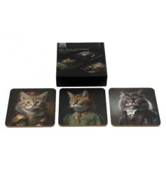 A set of 6 cork coasters each with a different cat cynocephaly design. 