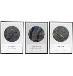 An assortment of 3 framed canvases, each one displaying a capital city. 