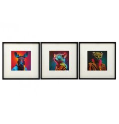 Neon wall art featuring 3 assorted designs of dressed up animals set inside a black frame. 