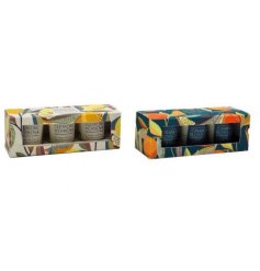 A fragrant set of 3 votive candles, beautifully boxed in 2 assorted designs. 