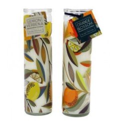 A fragrant assortment of 2 tube candles, each wrapped in citrus style pattern.