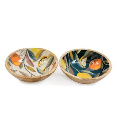 A citrus design bowl made from wood and enamel, in 2 assorted designs. 