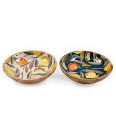 An wooden bowl featuring an enamelled surface with a citrus styled pattern. 