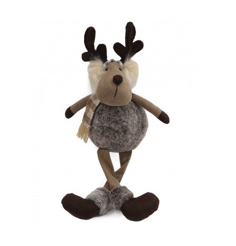 A brown sitting reindeer with long dangly legs. This cheeky accessory is the perfect shelf sitter this Christmas season