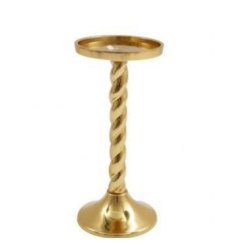 A tall golden candlestick for holding pillar candles.