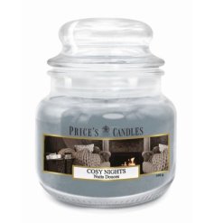 From the Prices range, a small candle with blue and grey coloured wax and a cosy nights fragrance. 