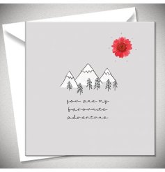 A mountain themed greetings card in grey with romantic text and a real hand pressed daisy. 