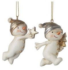 This charming assortment of 2 resin snowmen on hangers are a great accessory for adding a traditional look to the Christ