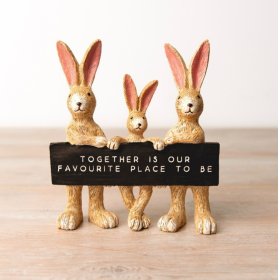 Together is our favourite place to be. A charming and unique ornament featuring 3 bunnies and a chalkboard style sign. 