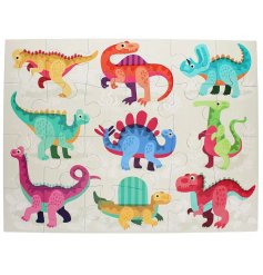 A bright and colour dinosaur themed 24 piece floor puzzle. It contains 9 different species of dinosaurs and comes comple