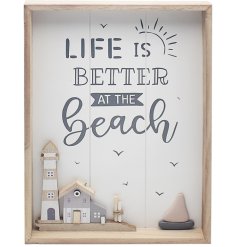 Life is better at the beach! A nautical wooden plaque featuring scripted text