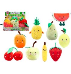 A smiley fruit soft toy in assorted designs. 