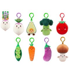 8 assorted plush mini soft toys attached to a soft clip key ring. 