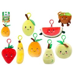 An assortment of 8 fruit themed soft clip key rings from the Softlings range.
