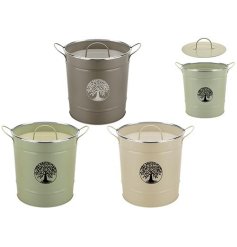 An assortment of 3 compost buckets each detailing the Tree of Life image. 