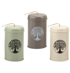 An assortment of 3 garden twine tins depicting a black Tree of Life symbol