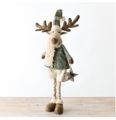 Fabric moose with adjustable legs, embellished in a blend of green, tartan, and cream outfits.