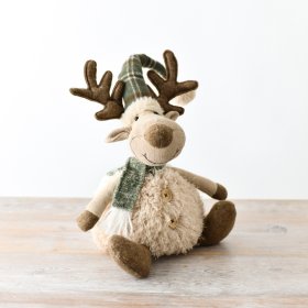 A delightful moose decoration showcasing stylish green and tartan accents along with a fluffy body, brown antlers, and f