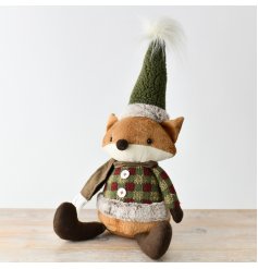 A charming and beautifully detailed sitting fox decoration. Dressed in a red and green jacket with sherpa and faux fur 