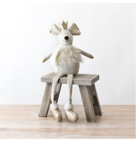 An enchanting plush seated mouse with dangling legs, crafted from soft fabric.