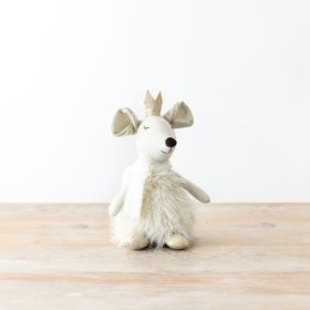 A delightful fabric mouse complete with a fluffy dress, golden glitter shoes, and crown.