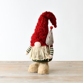 A standing festive gonk adorned with a stylish string beard and a fluffy soft hat.