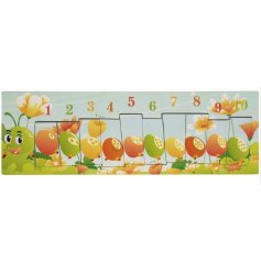 A wooden rectangular puzzle with 10 pull out pieces and numbers 1-10, in a caterpillar design.