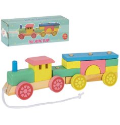 A lovely pastel coloured wooden train with a chunky rope for a child to pull along.