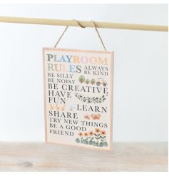 An adorable and playful wooden sign showcasing the most enjoyable rules for playtime.
