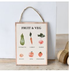 A shabby chic wooden frame hung by jute twine featuring assorted fruit and vegetable illustrations.