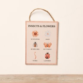 Discover the beauty of nature with this charming wooden sign depicting a variety of insects and flowers.