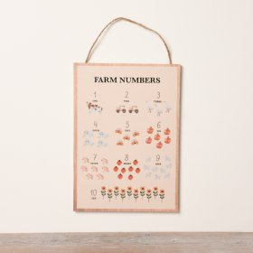 A charming wooden-framed print featuring numbers and animals, all set in an endearing farm theme.