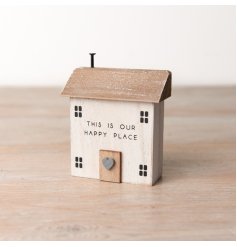 A charming wooden house ornament with 3D features, a distressed finish and happy place slogan. 