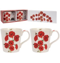 A set of 2 mugs from the Bee-tanical range, adorned with deep red Poppies and bees.