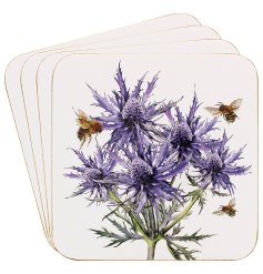 A set of 4 coasters illustrated with a pretty Thistle, from the Bee-Tanical range.