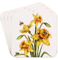 Made from high-quality materials, these coasters feature a beautiful daffodil design with intricate bee illustrations.