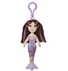 A bright and sparkly keyring featuring a mermaid with luscious brown hair and a purple mermaid costume. 