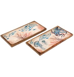 An exquisite mango wood tray adorned with a captivating ocean-themed design and a sleek enamel finish