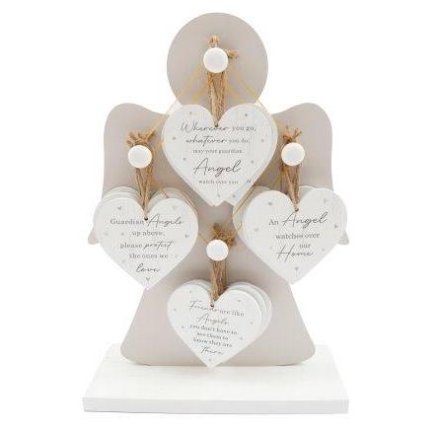 Wooden Hanging Hearts with Angel Stand, 9cm