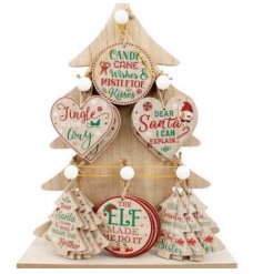 9cm Wooden Xmas Hanging Decorations w/ Tree Stand