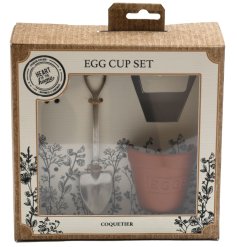 A unique egg cup and spoon gift set in the style of a garden spade and plant pot. 