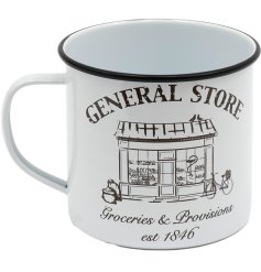 A tin mug from the General Store range, featuring a monochrome designs with a vintage shop front image and a sturdy