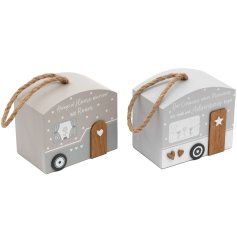 An assortment of two wooden caravan door stops adorned with charming 3D wooden decals and an endearing homely quote.