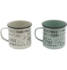A rustic tin mug in 2 assorted designs detailed with scripted text and fine black illustrations. 