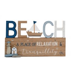 With the word 'Beach' in bold and 'A place of relaxation and tranquility' quote, the perfect addition to your home.