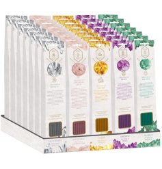 A pack of 40 incense sticks complete with a holder. Each scent promotes a different element of wellbeing.